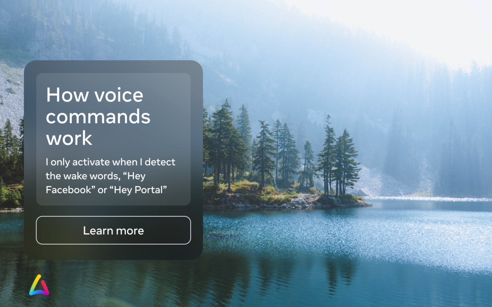 Voice-command onboarding interface over a mountain lake